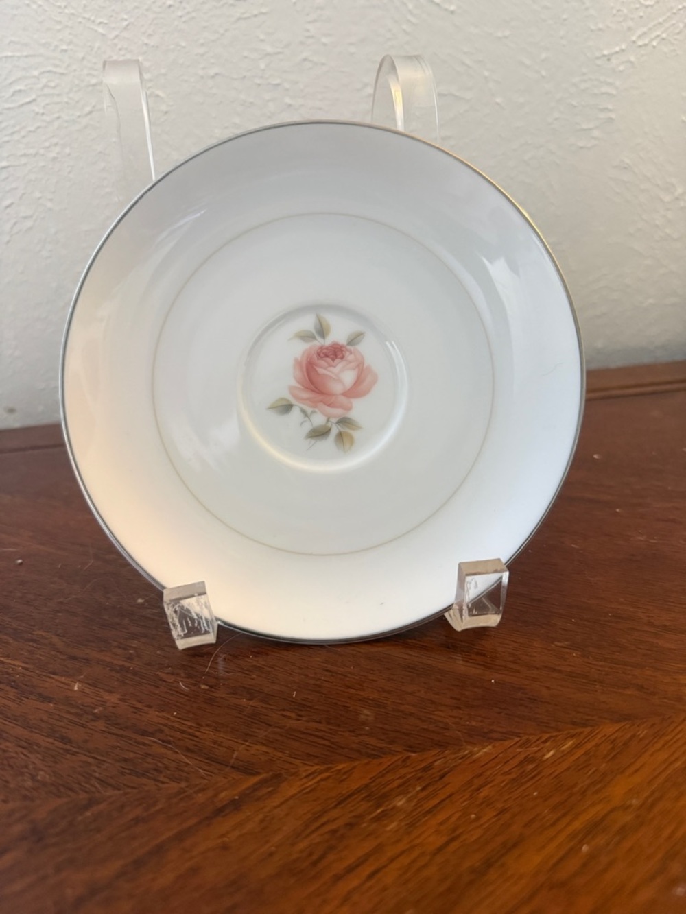 Noritake June Pattern Porcelain Saucer with Pink Rose and Silver Trim-Set of 5